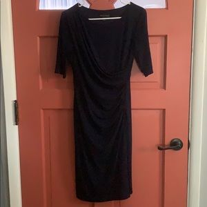 Navy blue dress with ruched waist.